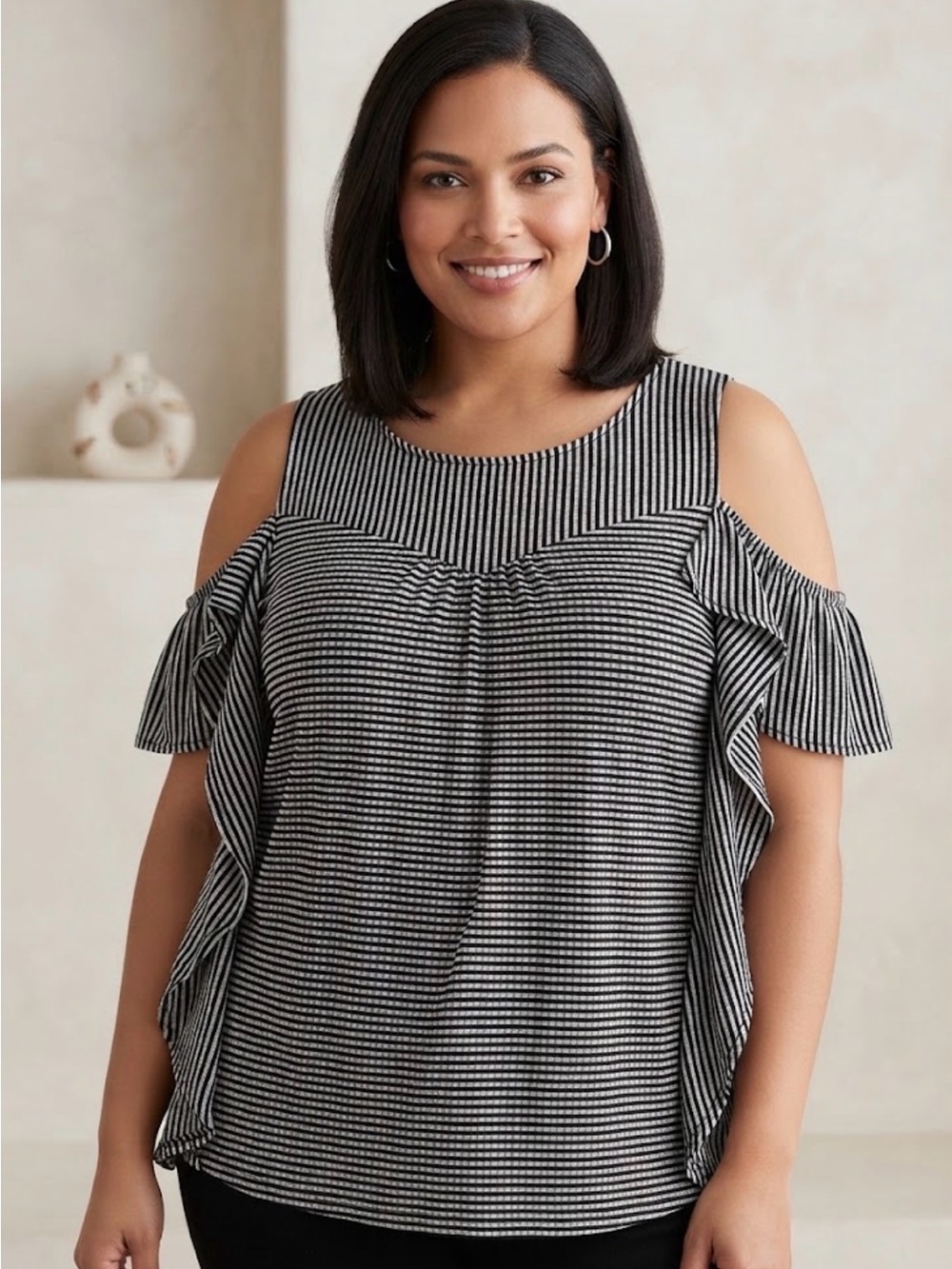 Peace & Pearls Striped Cold Shoulder Ruffle Sleeve Top Quiet Luxury Minimalist